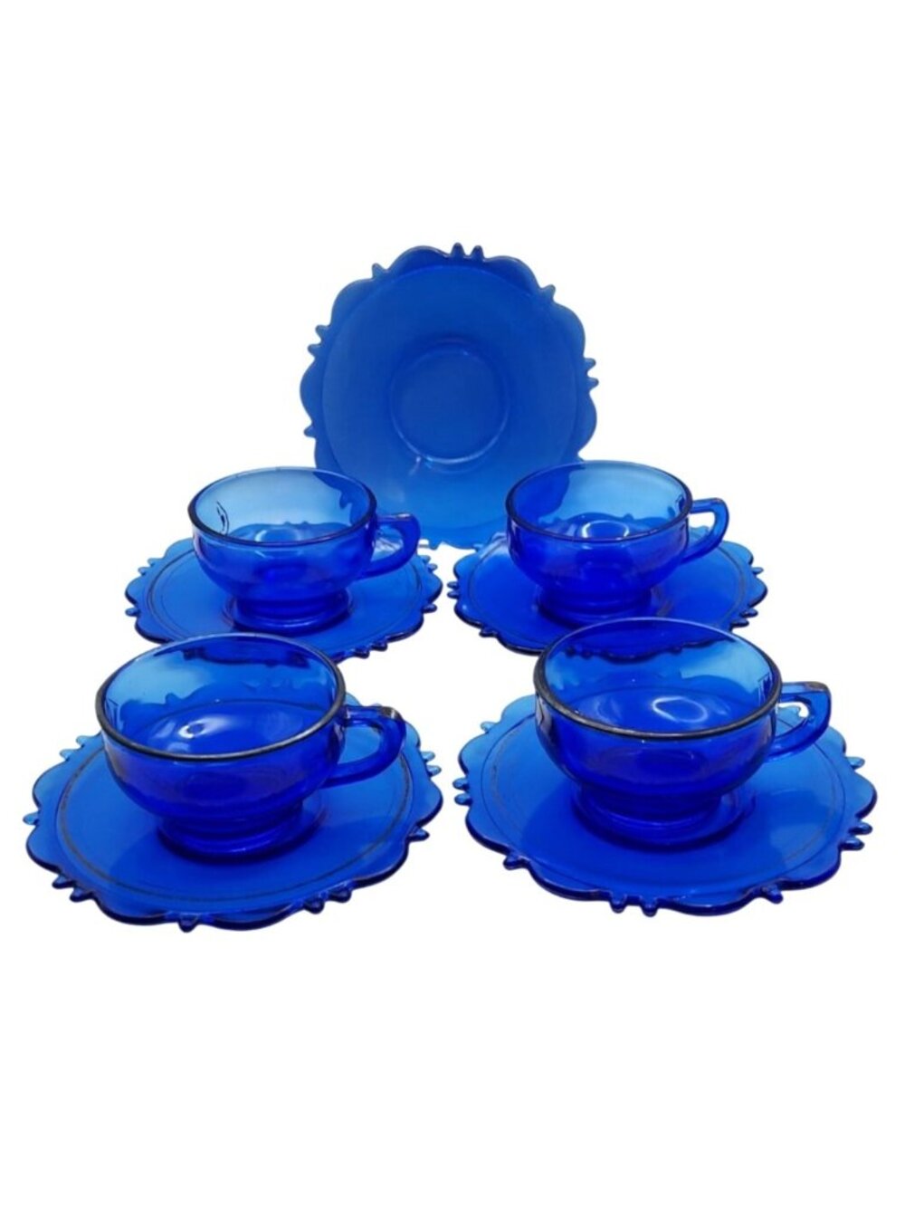 L E Smith Mt Pleasant Shield Cobalt Blue Depression Glass Tea Cup Saucer Set